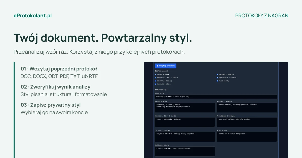 Analiza dokumentu wzorcowego, kontrola wytycznych i zapis prywatnego stylu protokołu